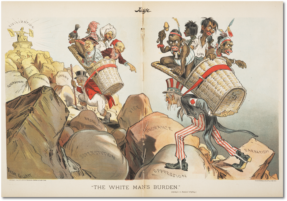 Karikaturtegning basert på Rudyard Kiplings "Den hvite manns byrde". Britiske John Bull og amerikanske Uncle Sam bærer de fargede på ryggen mot sivilisasjon. Illustrasjon.