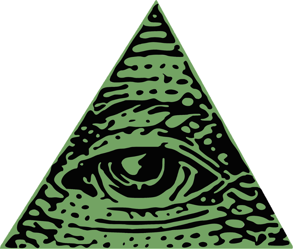 Grønn trekant med svarte sjatteringer og et øye i midten. Illustrasjon.