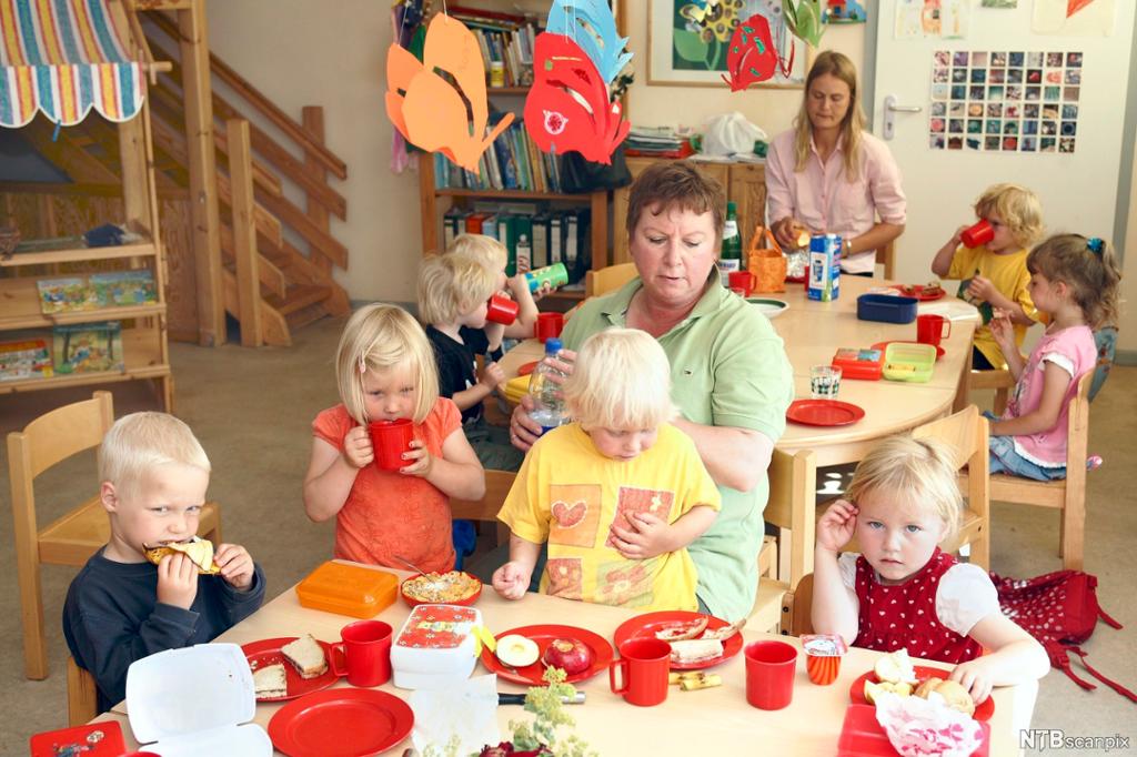 Barn i barnehage sitter rundt bordet og spiser. Voksne sitter på små stoler sammen med barna. Foto.