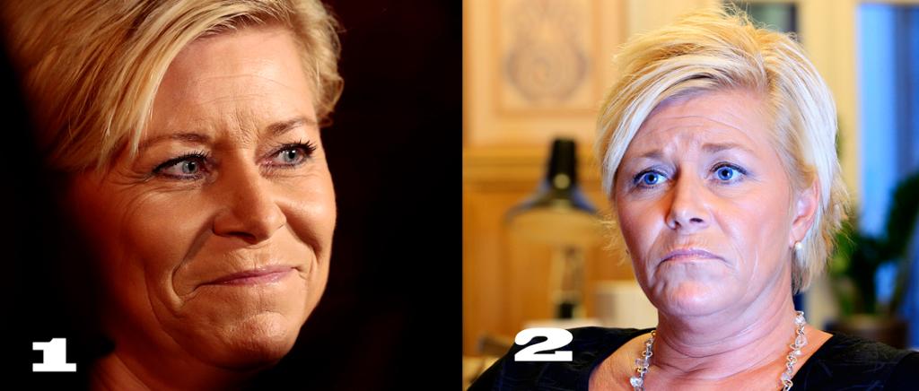 Portrettbilder av en optimistisk (bilde 1) og en trist (bilde 2) Siv Jensen. Foto.