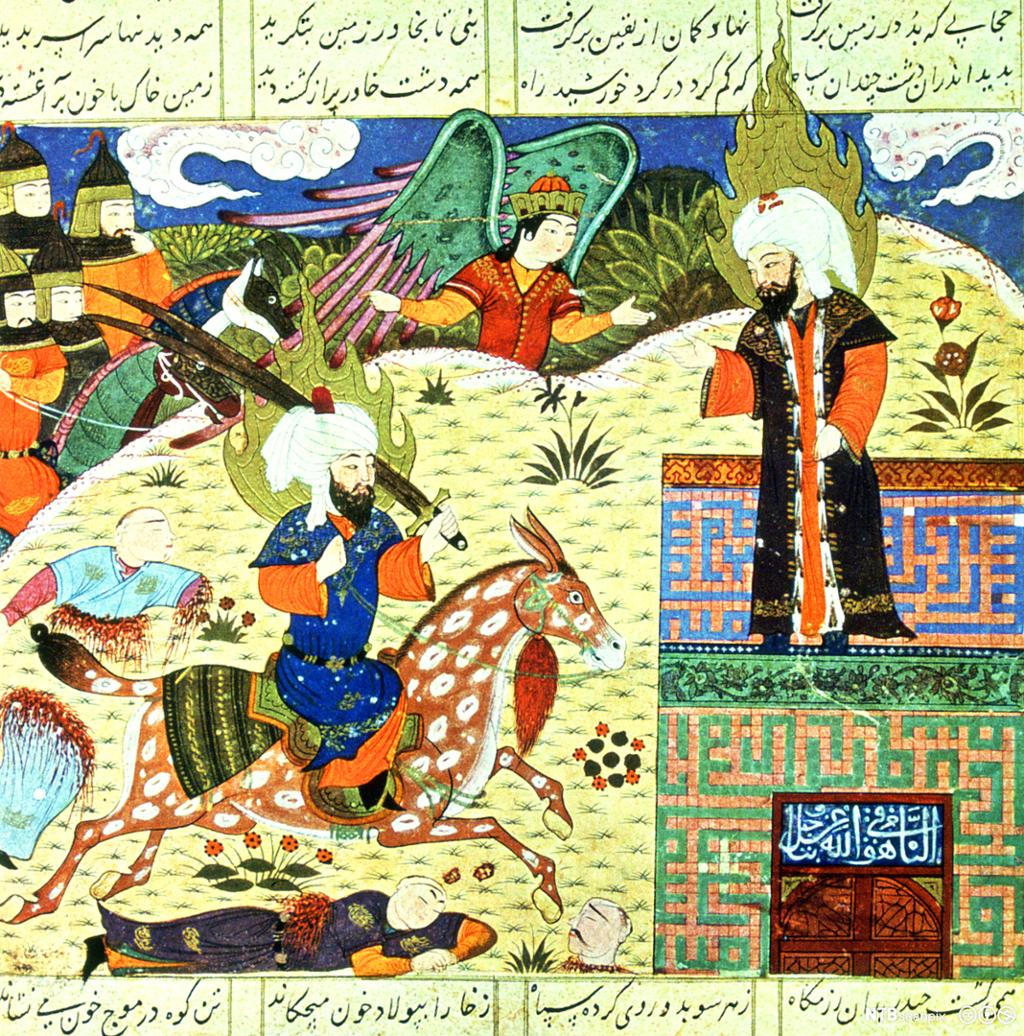 Menn med sverd på hester stormer mot en borg. Historisk illustrasjon med kaligrafi.