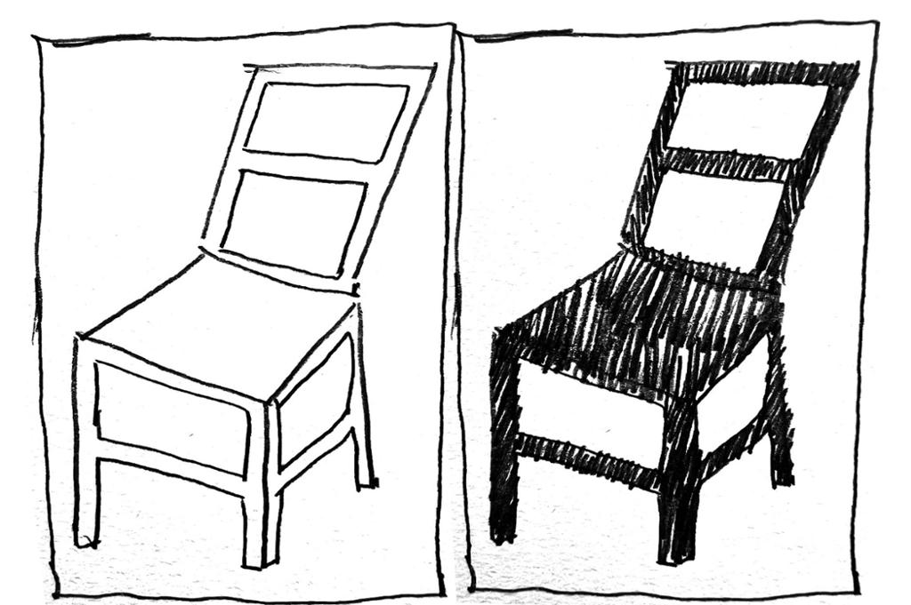 Samme stol er tegnet to ganger. Først en med konturlinjer, så en med skraverte flater. Illustrasjon.