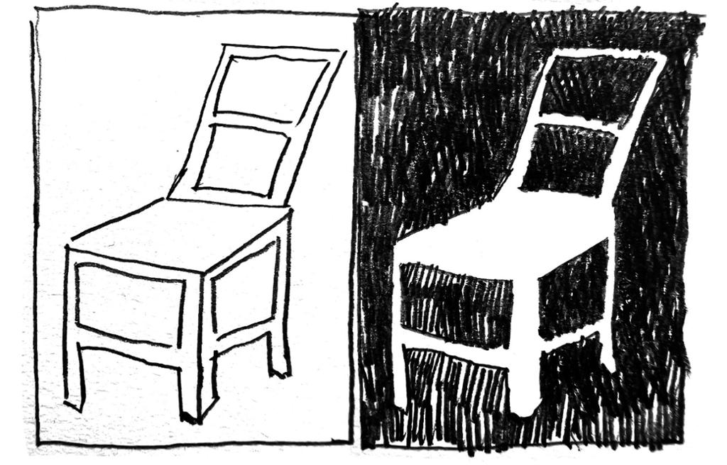 Samme stol er tegnet to ganger. Først en med konturlinjer, så en med skraverte flater i mellomrommene. Illustrasjon.