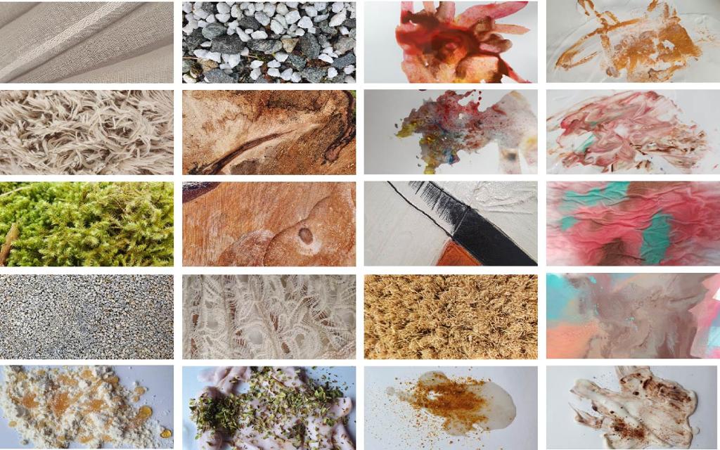 20 foto av ulike teksturer avbildet blant annet i natur, interiør og maling. Foto.