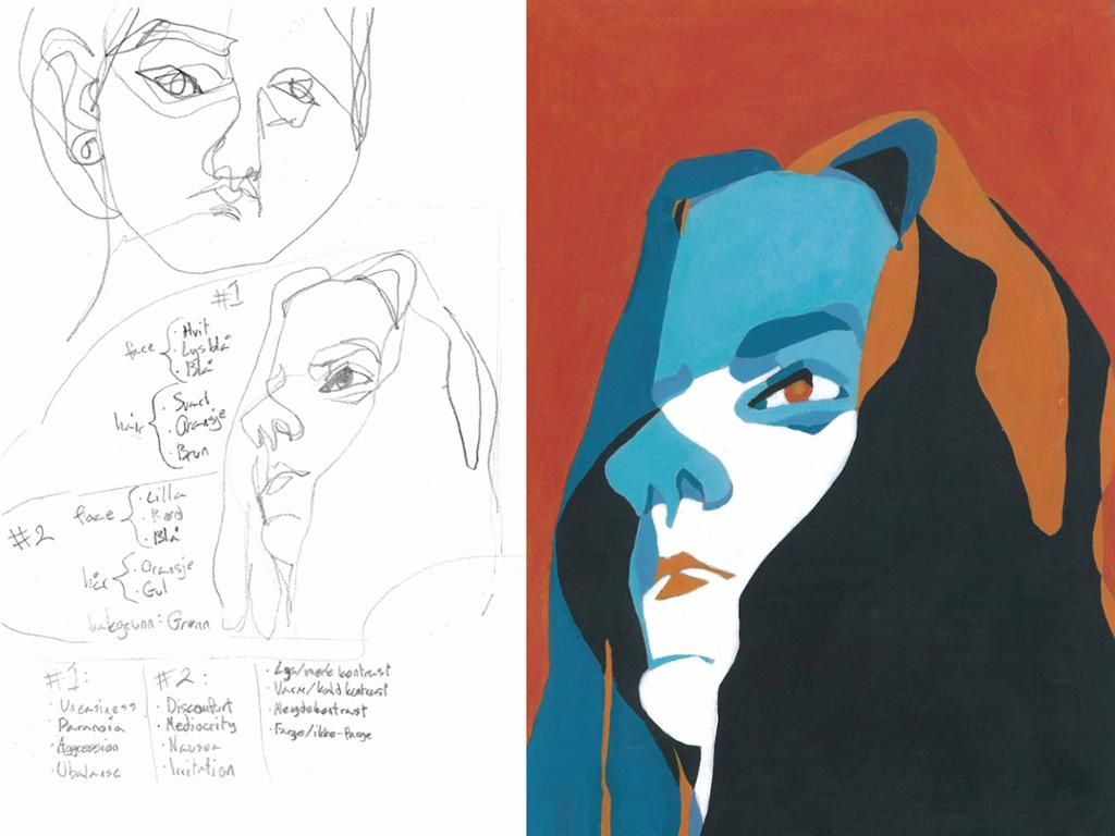 Kollasj av blyantskisser og et maleri. Skissene er blindkonturer av to ansikter. Den ene skissa er brukt til å dele det malte ansiktet inn i fargeflater. Illustrasjon.
