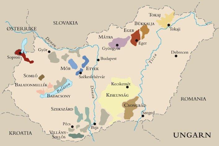 Kart over vinområdene i Ungarn. Foto.
