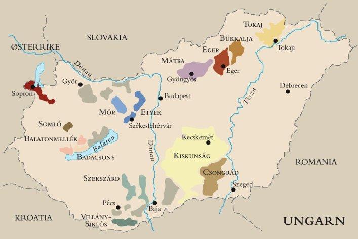 Kart over vinområdene i Ungarn