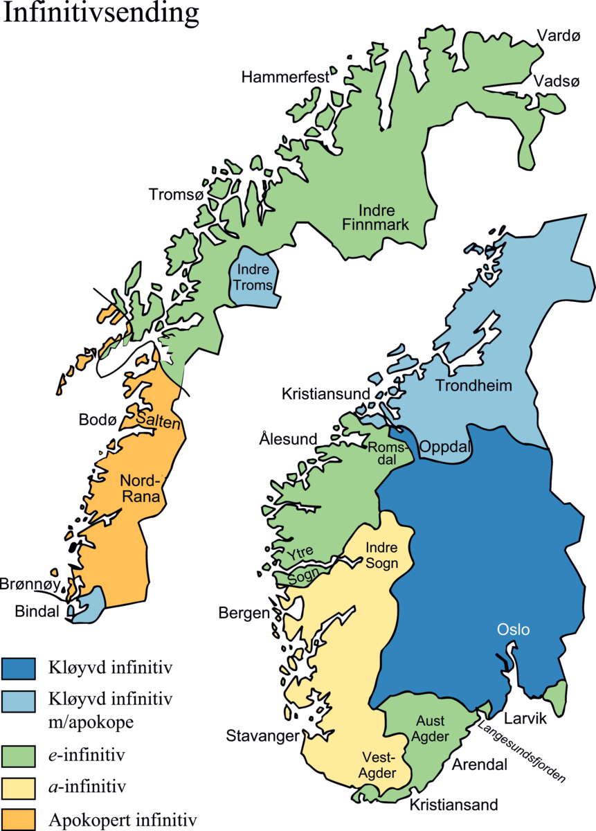 Kart som viser utbredelsen av de ulike infinitivsendingene i norske dialekter. Illustrasjon.