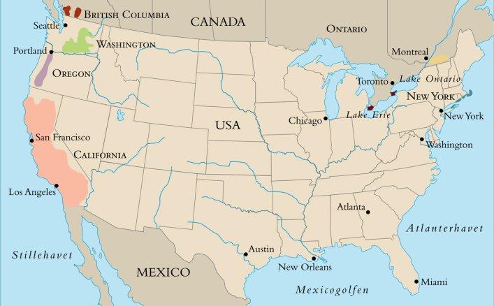 Kart over vinområdene i USA. Illustrasjon.