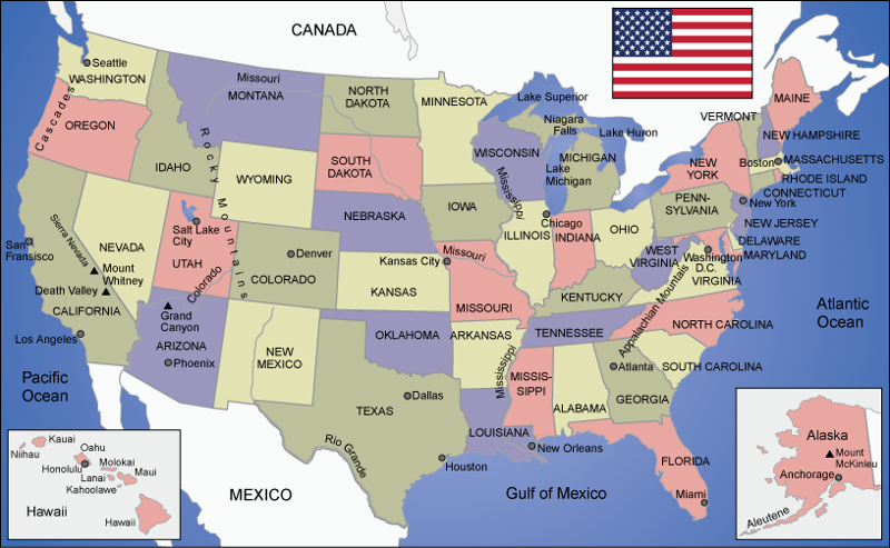 Kart over USA. Illustrasjon.