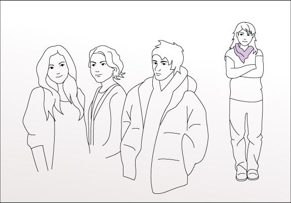 Outline drawing: Three teens stand in a group, one stands apart with arms crossed looking unhappy. 