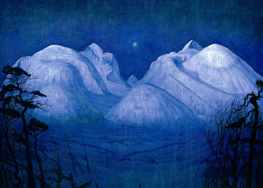 Vinternatt i Rondane. Snødekte fjell mot en stjerneklar himmel. Maleri.