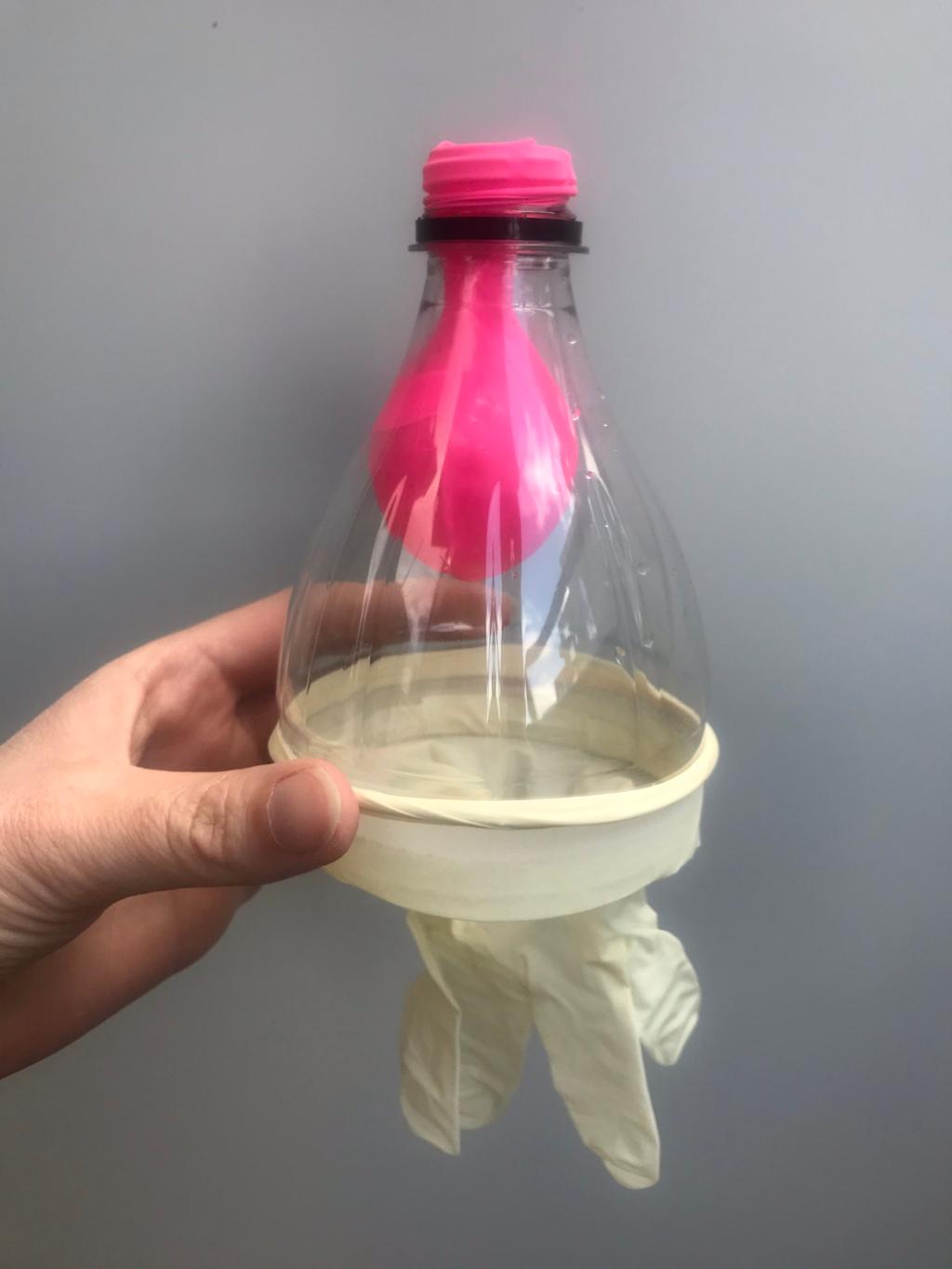 En brusflaske delt i to. I tuten på flasken er det festet en ballong. På undersiden der flasken er delt, er det festet en plasthanske. Sammen utgjør dette en modell av mellomgulvet. Foto. 