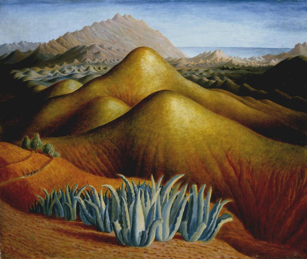 Painting: We see a desert landscape. There are prickly plants close to the viewer, and the mountain ridges in the background are jagged. We see the ocean in the distance. 