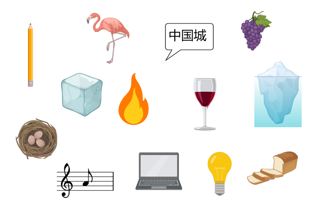 Kollasj av ulike gjenstander, for eksempel en note, et fuglerede, en blyant, en lyspære, et brød, en drueklase, et vinglass, en flamingo, en PC og et isfjell. Illustrasjon.
