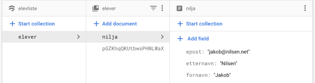 Database i Cloud Firestore. Tre felt: et med overskriften "elevliste", et med overskriften "elever", der brukernavnet nilja ligger, og et med overskriften "nilja" der man får opp navnet og e-posten til eleven Jakob Nilsen. Skjermbilde.