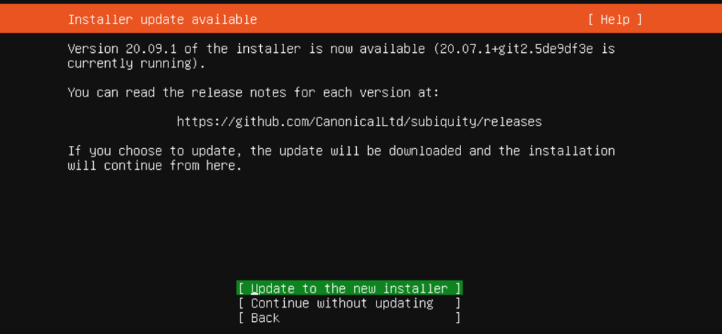 Installasjonsveiledersteg med spørsmål om oppdatering til ny installerversjon. Skjermbilde fra Ubuntu Server 20.04.