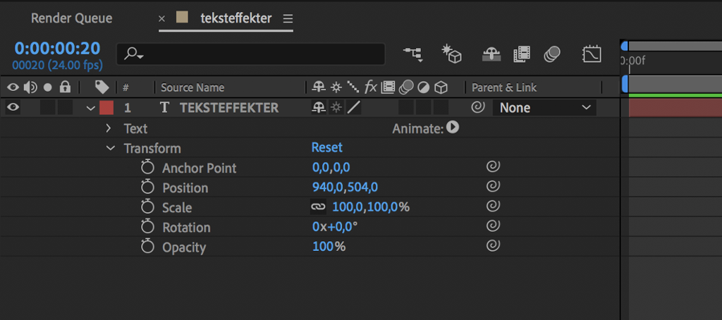 Arbeidsvindu After Effects med tidslinjas underkategorier. Her kan du velge hvor teksten skal plasseres, størrelse, rotasjon og gjennomsiktighet. Skjermutklipp.