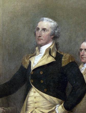 Painting: Section from a larger painting. Depiction of George Washington. We see a man in lavish clothes in black and gold. He has white hair. 