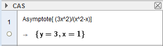 Ved CAS i GeoGebra finner vi både horisontal og vertikal asymptote. Foto