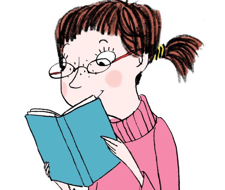 Ung jente med briller og musefletter leser en bok. Illustrasjon.
