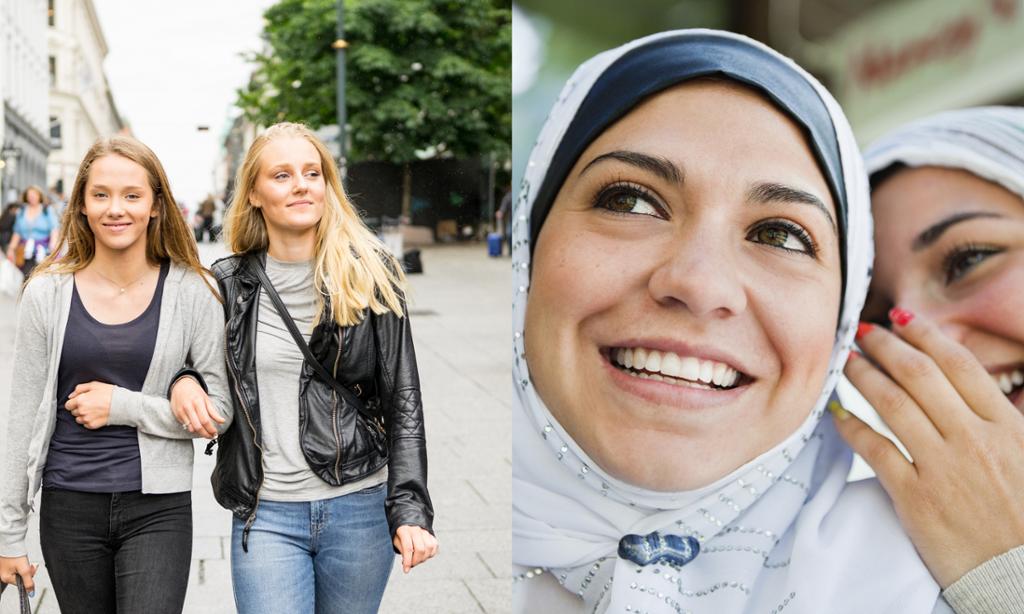To venninnepar. To som går arm i arm på gaten, og to med hijab som smiler. Fotokollasj.