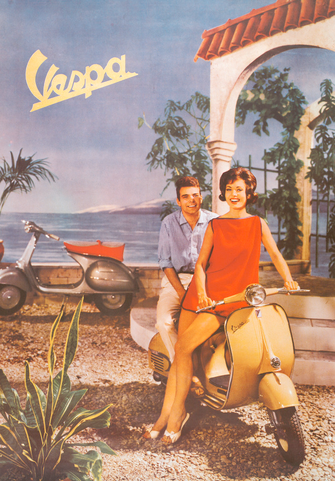 Kvinne og mann på en moped av merket Vespa. Reklameplakat.