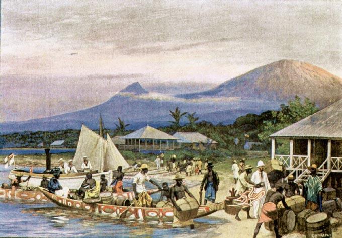 Scene fra den tyske kolonien Kamerun, hvor hvite kolonister ankommer med båt. Maleri.