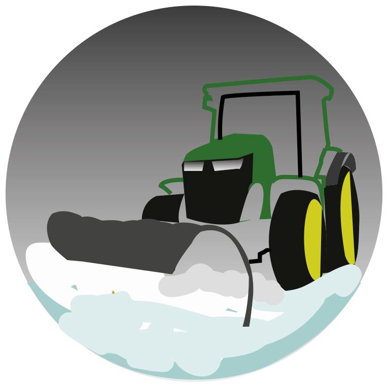 En traktor brøyter snø om vinteren. Illustrasjon.