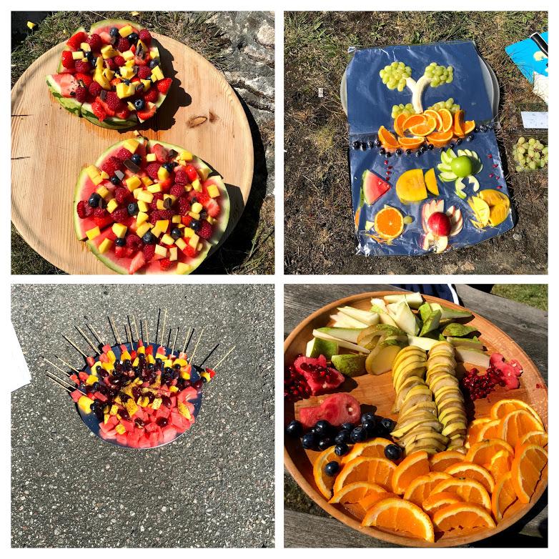 Fire bilete av fruktfat med ulike tema. Foto.