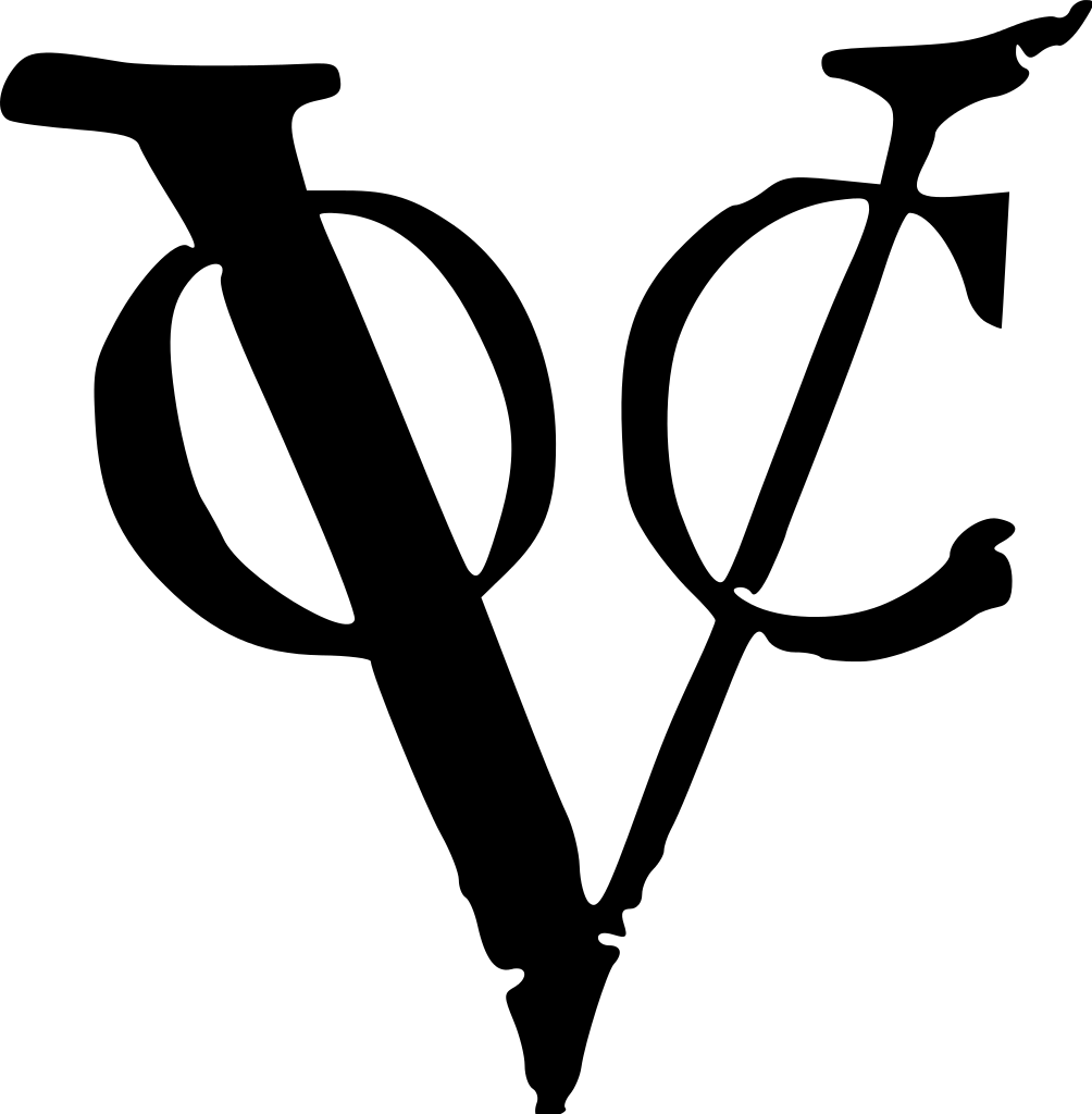 Logo for Det nederlandsk-ostindiske handelskompani. Bokstavane VOC, etter det nederlandske namnet, forma i kvarandre. Grafikk. 