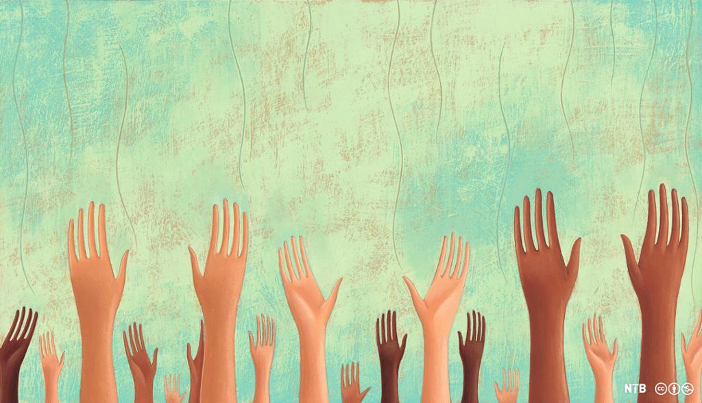 Hand with different skin complexion reaching up to the sky. Illustration.