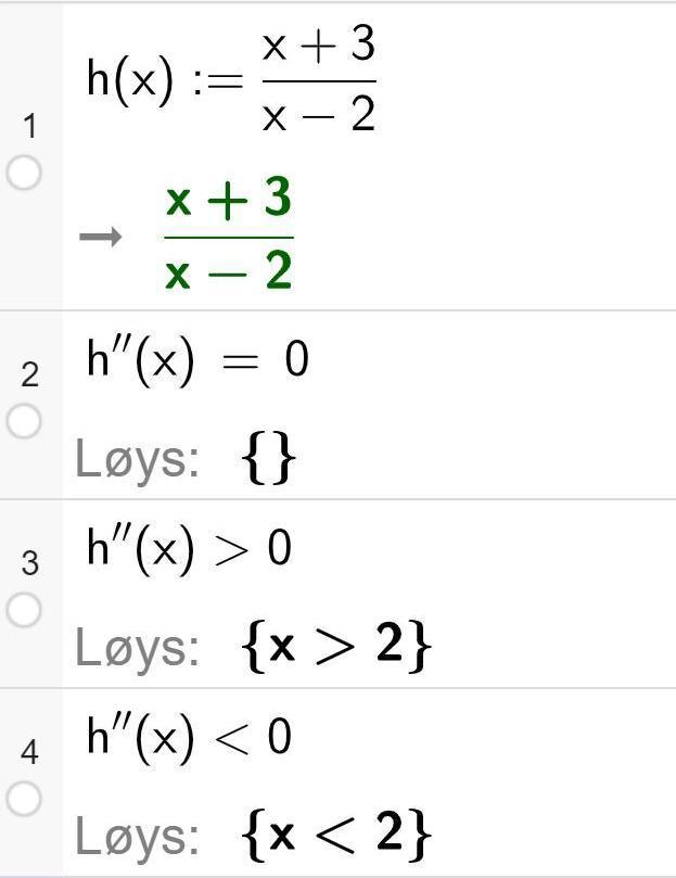 CAS-utrekning med GeoGebra. På linje 1 står det h av x kolon er lik parentes x pluss 3 parentes slutt dividert på parentes x minus 2 parentes slutt. Svaret er det same. På linje 2 står det h dobbeltderivert av x er lik 0. Svaret med "Løys" er ei tom mengde, altså ingenting. På linje 3 står det h dobbeltderivert av x større enn 0. Svaret med "Løys" er x er større enn 2. På linje 4 står det h dobbeltderivert av x mindre enn 0. Svaret med "Løys" er x er mindre enn 2. Skjermutklipp.