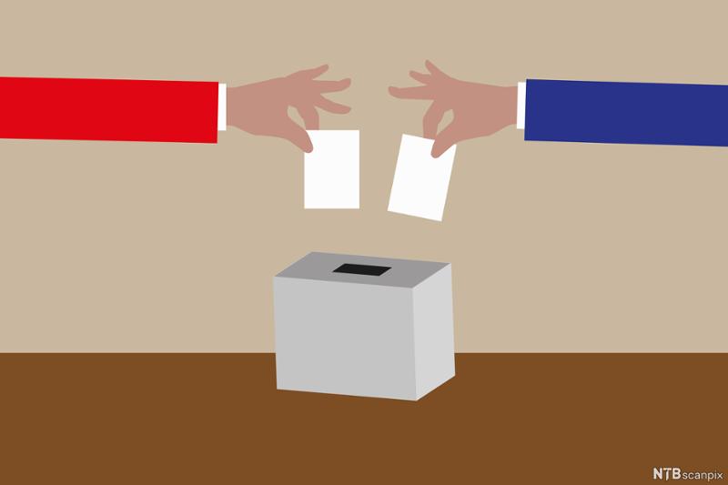 En blå og en rød arm putter stemmeseddel i stemmeurne. Illustrasjon.