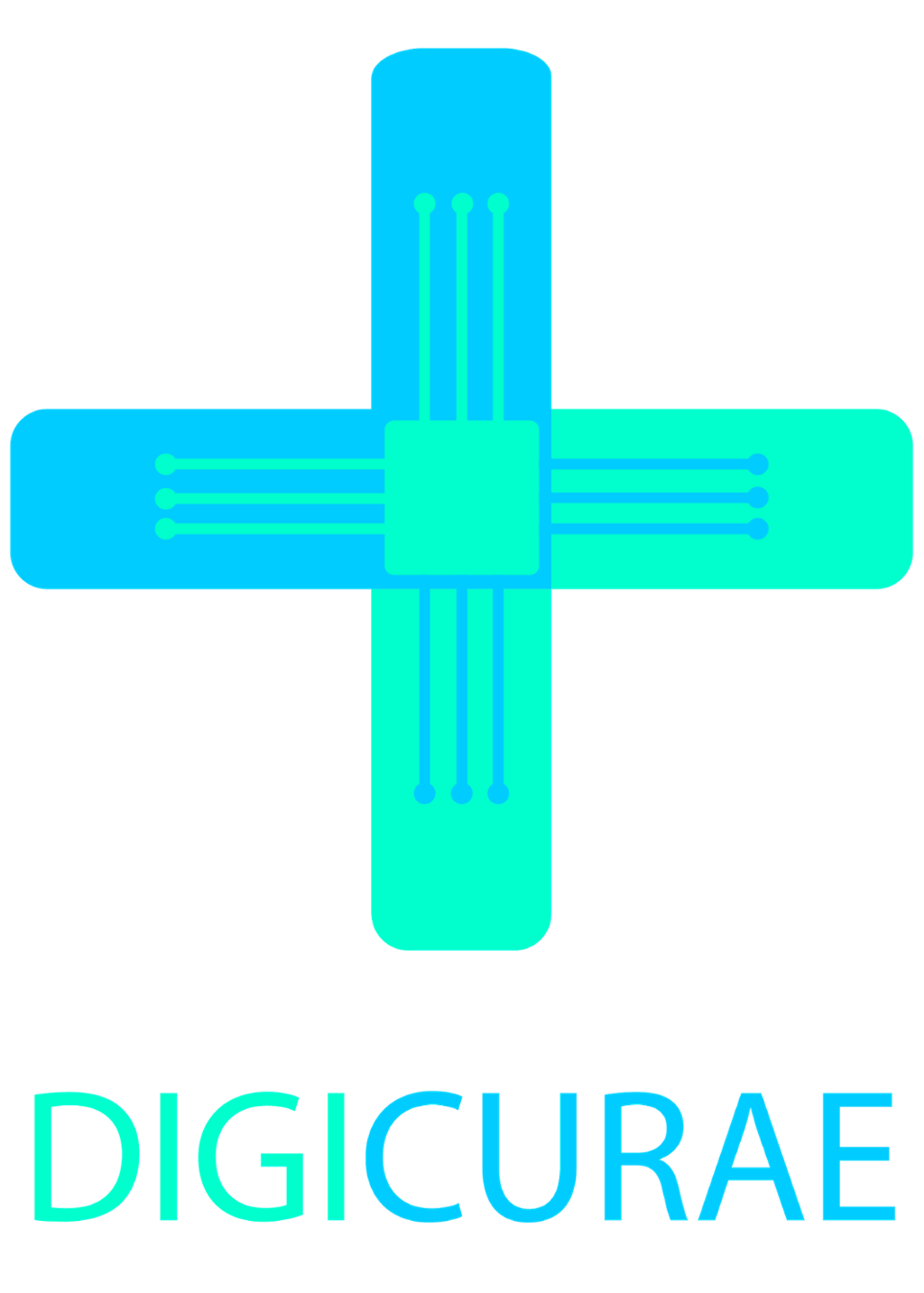 Logo utformet som et kryss med firmanavnet Digicurae under. Illustrasjon.