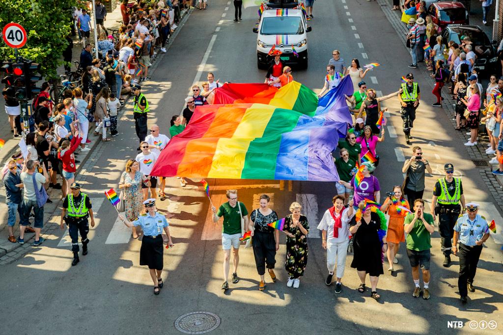 Flere mennesker går og bærer på et stort regnbueflagg nedover gaten. Foto.