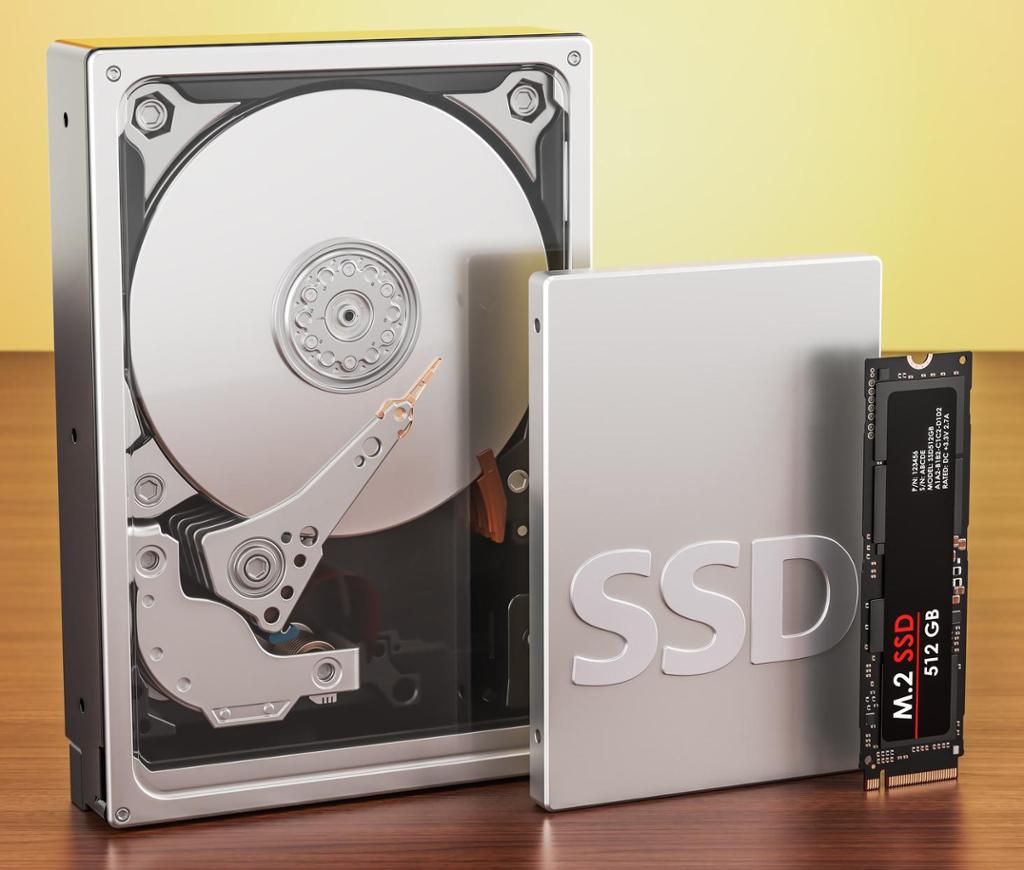 En HDD-disk som er 3,5 tommer bred, en SSD-disk som er 2,5 tommer bred, og en M.2 SSD-disk, som kan være rundt 1 tomme bred og syltynn. Foto.