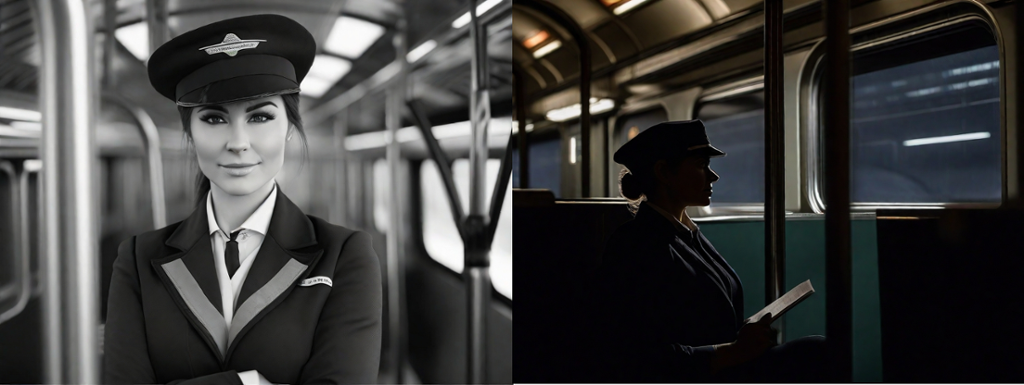 To realistiske KI-genererte bilder side ved side. Det første viser en kvinne i uniform rett forfra, det andre viser en kvinne i profil i mørket. Kollasj med to fotoer.