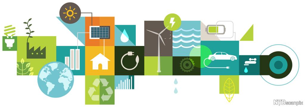 Mange symboler for fornybar energi, blant annet en sparepære, ei sol, et solcellepanel, en vindmølle, en strømledning. Illustrasjon.
