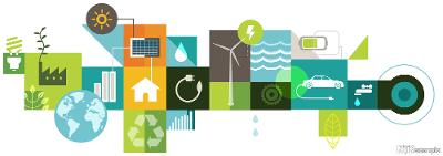 Plansje som viser mange symboler for fornybar energi. Illustrasjon.
