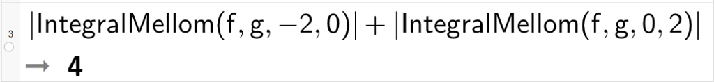 Beregning i CAS, ei linje. Det står absoluttverditegn Integralmellom parentes f komma g komma minus 2 komma 0 parentes slutt absoluttverditegn slutt pluss absoluttverditegn IntegralMellom parentes f komma g komma 0 komma 2 parentes slutt absoluttverditegn slutt. Resultatet er 4. Skjermutklipp.