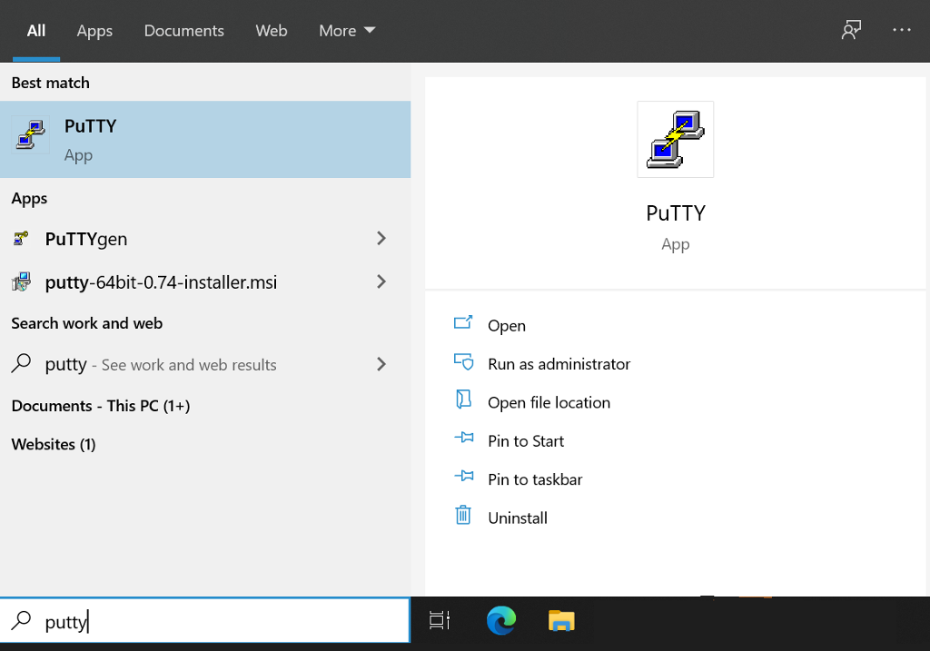 Startmeny i Windows med søkjefelt som seier "putty". Skjermbilete