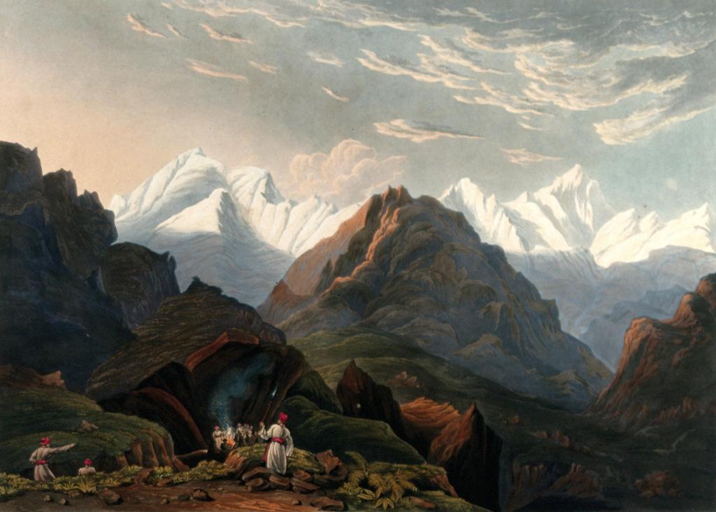 Painting: View towards the Himalayas. In the foreground there is vegetation and people. The people wear Indian traditional clothes. In the background there are large snow-capped mountains. 