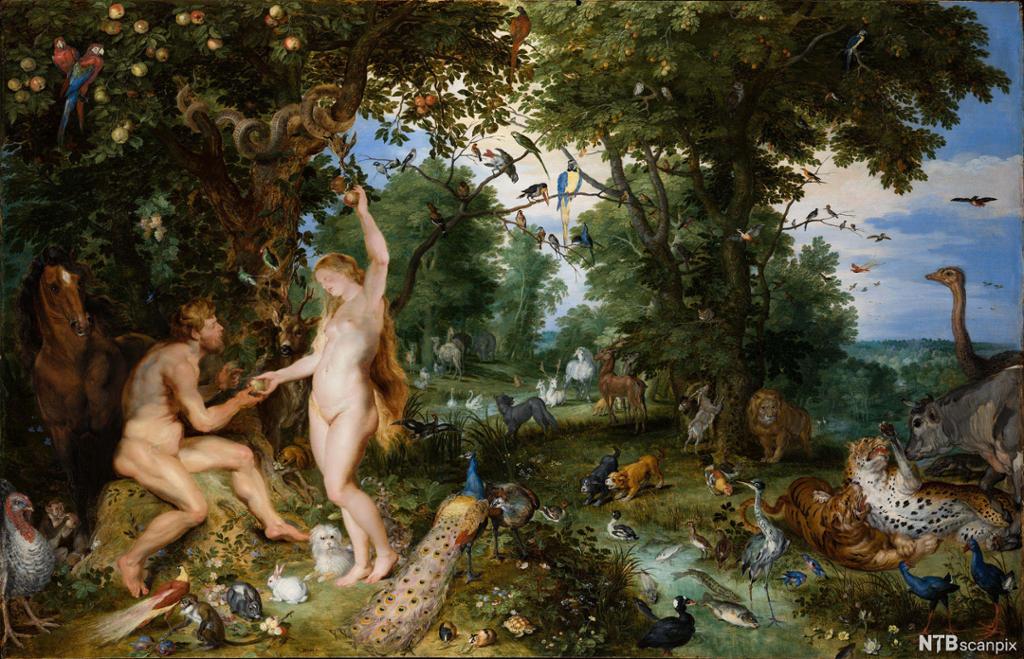 Naken mann og kvinne plukker epler fra tre. Landskap med mange ulike dyr. Maleri.