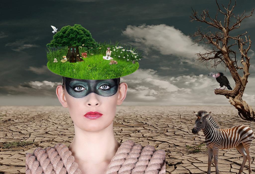 Kvinne i surrealistisk landskap. Illustrasjon.