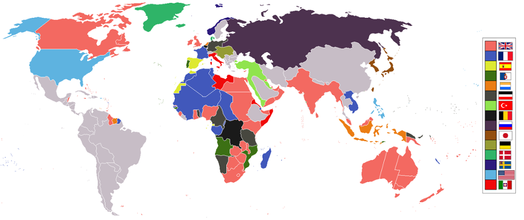 Verdens imperier og kolonier i 1914, før utbruddet av første verdenskrig. Kart.