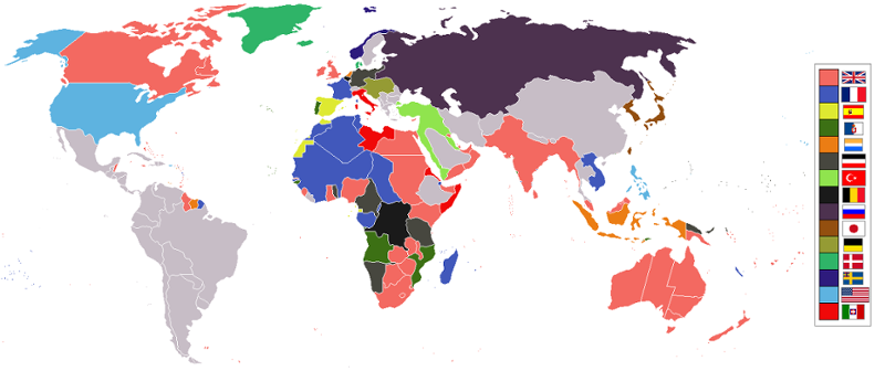 Verdens imperier og kolonier i 1914, før utbruddet av 1. verdenskrig. Kart.