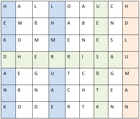 Tabell fylt med bokstaver; det er ei rekke tyske ord skjult i tabellen.