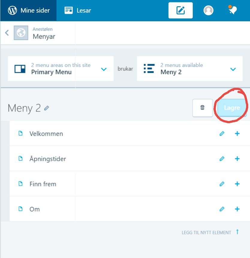 Å lage meny i Wordpress. Skjermdump.