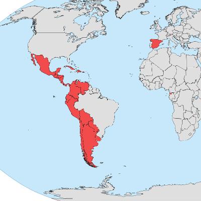 Verdenskart med offisielle spansktalende land. Unntatt Brasil er hele Latin- og Sør-Amerika rødt,  i tillegg til Spania og  Republikken Ekvatorial-Guinea. Illustrasjon